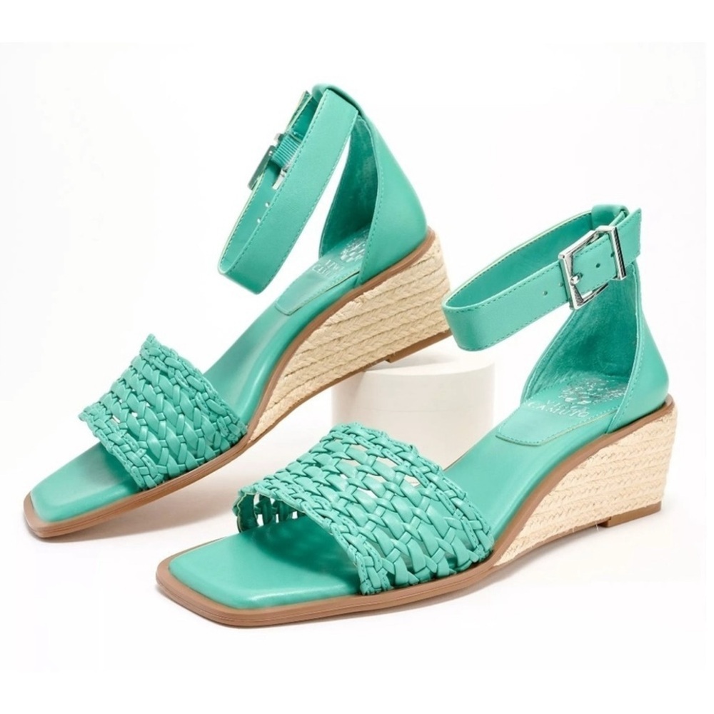 Vince Camuto Turquoise Woven Ankle-Strap Wedge Sandals